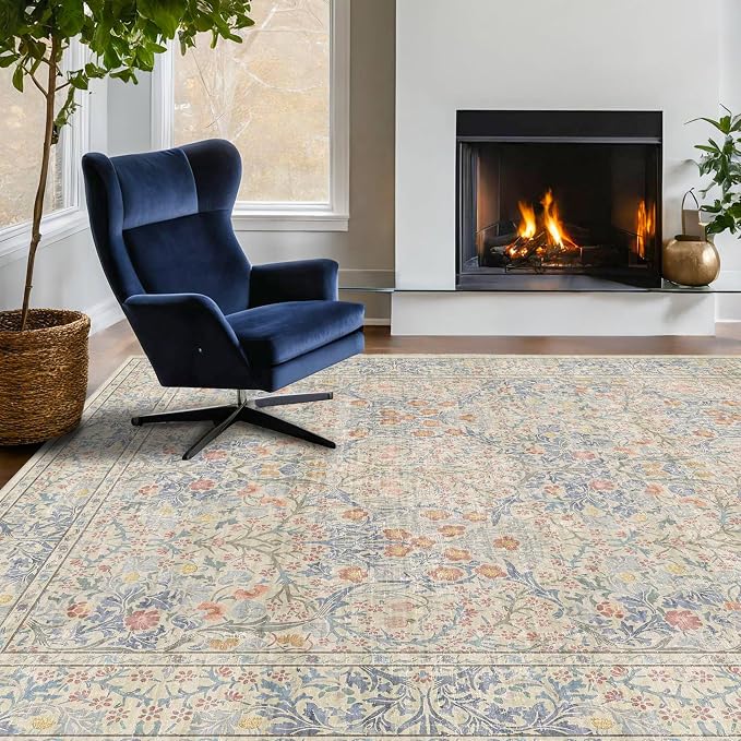 Boho Beige Blue Living Room Rug 6x8 by HazoHaus