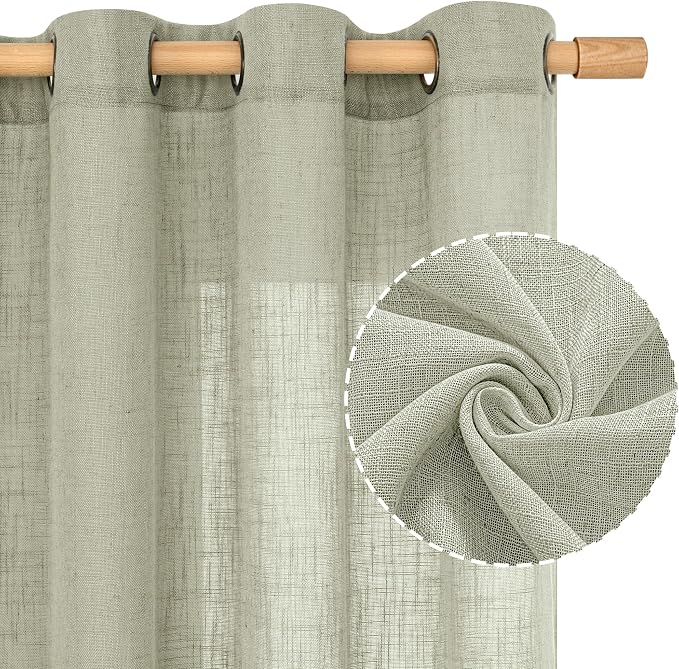 Short Linen Curtains 40 Inch Length, Sage Grey Small Window Semi Sheer Drapes - Image 2