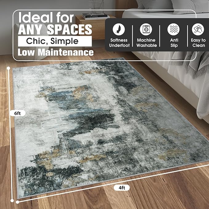 4x6 Area Rugs for Living Room Washable Bedroom Dining Room Black Gold | Modern - Image 2