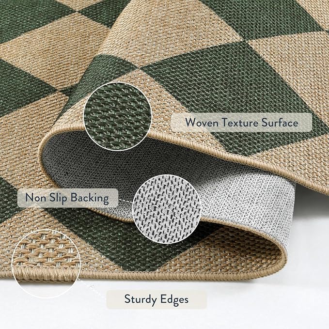 Lahome Checkered Easy Jute 3x5 Outdoor Patio Rug, Washable Rugs Green | Front - Image 3