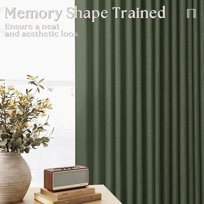 Pleated Semi Sheer Memory Shape Olive Green Linen Curtains 90 Inches Long | - Image 9
