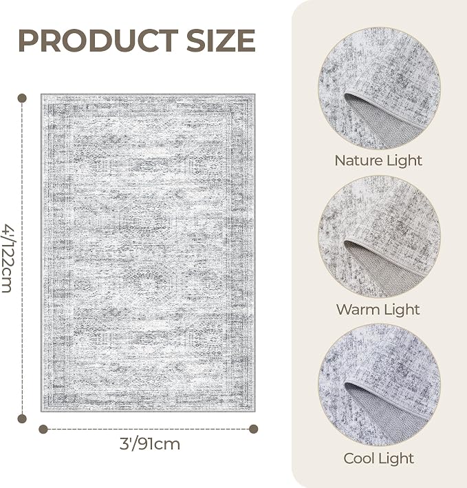 3x4 Rugs for Entryway, Washable Area Rug, Neutral Rug, Stain Resistant Indoor - Image 2
