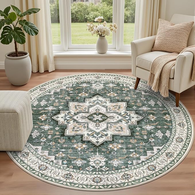Round Area Rug for Living Room: 8ft Boho Washable Rug Green Ivory | Vintage - Image 2
