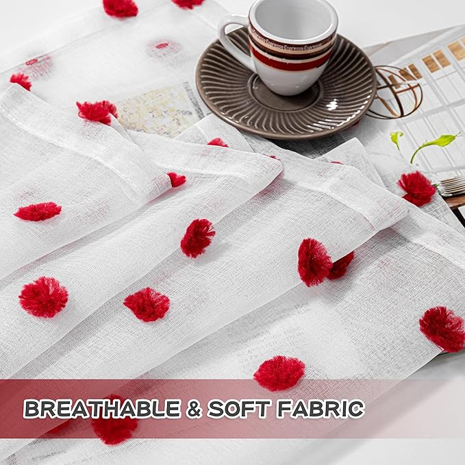 MYSKY HOME Pom Pom Curtains for Girls Bedroom 63 Inch Long Red Nursery Curains for Kids Room Sheer Curtains for Christmas Living Room Playroom Rod Pocket Window Drapes 52" x 63" Set of 2