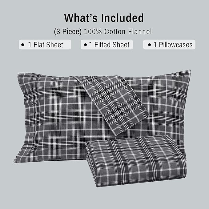 RUVANTI Flannel Sheets Twin Size - 100% Cotton Double Brushed Twin Sheets Set, Deep Pockets 16 Inches, All Seasons Breathable & Extra Soft Bed Sheets, Warm & Cozy, 3 Piece, Grey Plaid