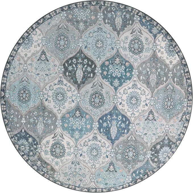 Lahome Moroccan Washable Round Area Rug, Soft Blue Vintage Round Rugs 6ft | - Image 3