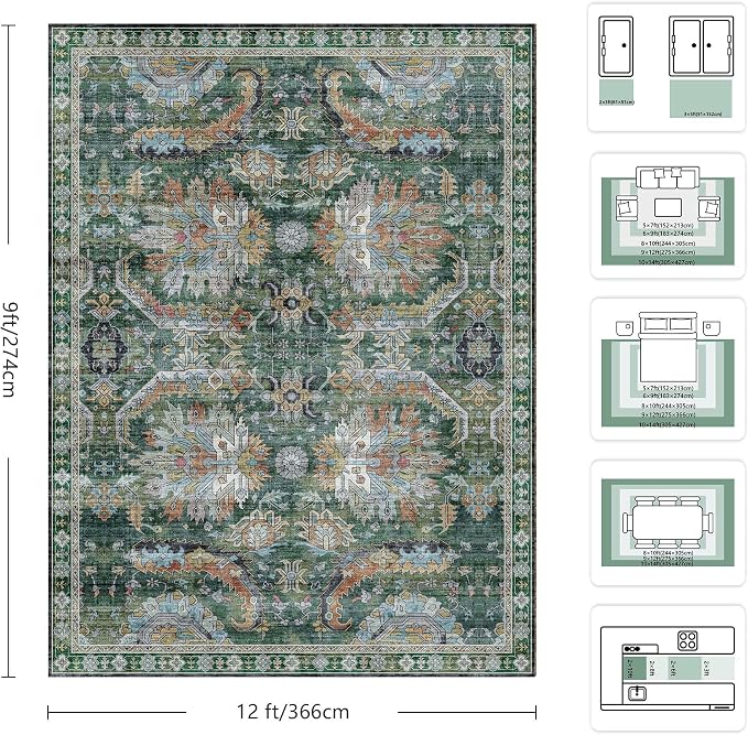 9x12 Area Rug, Vintage Retro Soft Washable Rug, Non-Slip Low Pile Rugs - Image 2