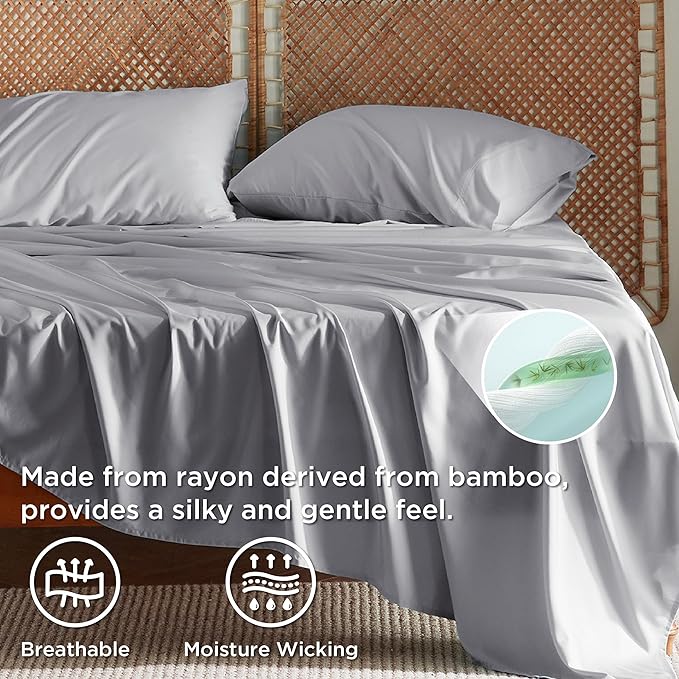 Bedsure Full Size Bed Sheets, Cooling Sheets, Rayon Derived from Bamboo, Breathable & Soft, Deep Pocket Up to 16 Inches, Hotel Luxury Silky Bedding for Hot Sleepers, Silver Grey