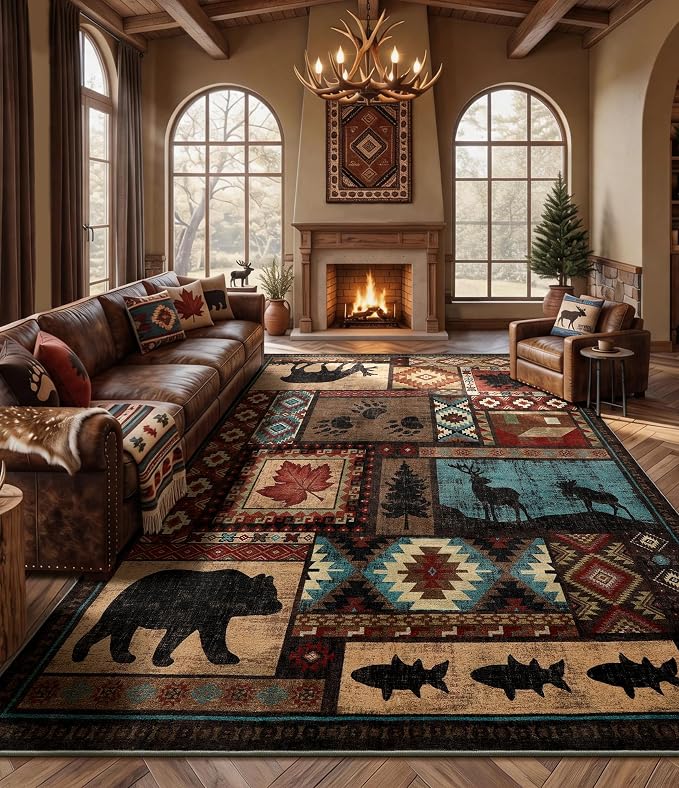 Rustic Cabin Rugs for Living Room 10x14, Wildlife Bear & Deer Area Rug - Image 5