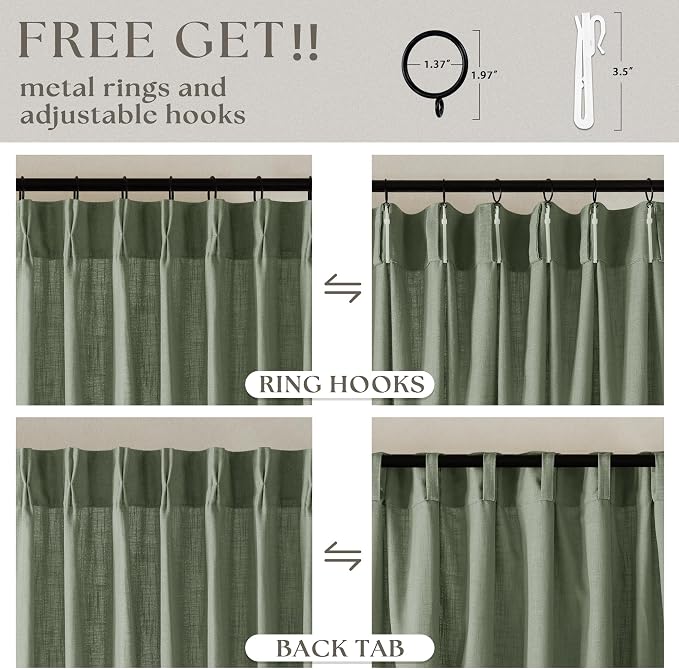 Sage Green Pinch Pleat Semi Sheer Linen Curtains 108 Inches Long 2 Panels | - Image 5