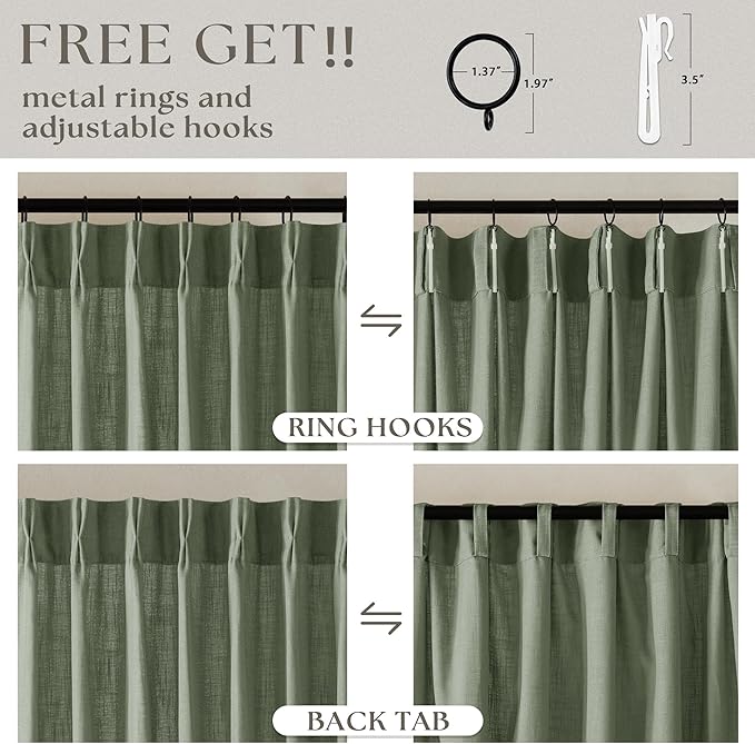 Sage Green Pinch Pleated Linen Semi Sheer Curtains 45 Inch Length 2 Panels | - Image 5