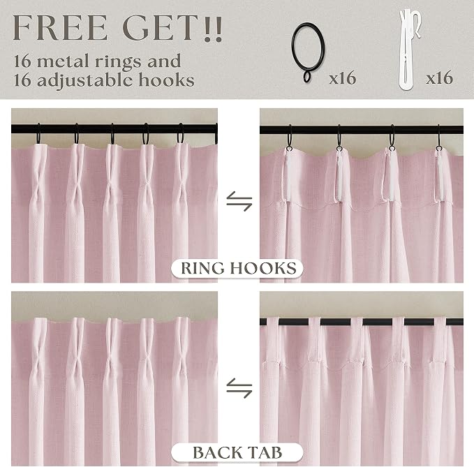 Light Pink Linen Pinch Pleat Curtains 102 Inch Length 2 Panels Set 40x102 | - Image 5
