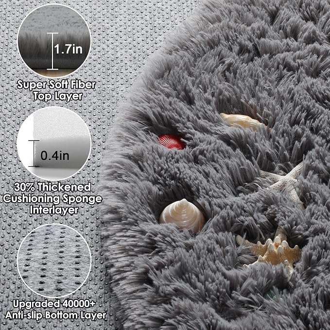 Grey Round Area Rugs 5ft, Fluffy Plush Shaggy Carpet - Image 2