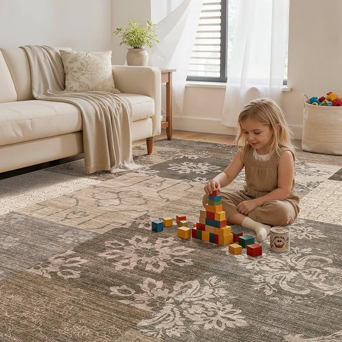 UERMEI 8x10 Area Rug for Living Room, Washable Brown Modern Geometric Patchwork - Image 7