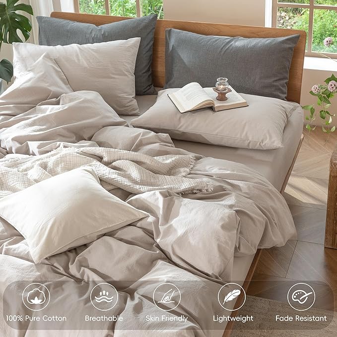 MooMee Bedding Duvet Cover Set 100% Washed Cotton Linen Like Textured Breathable Durable Soft Comfy (Solid Light Tan, King 104"x90")