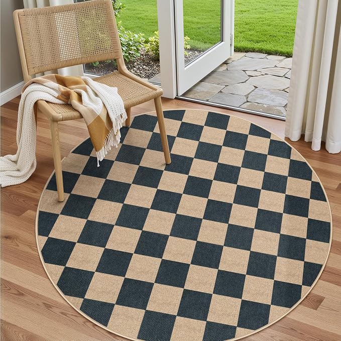 Lahome Checkered Easy Jute Outdoor Patio Area Rug 6ft Round, Washable Black | by Lahome
