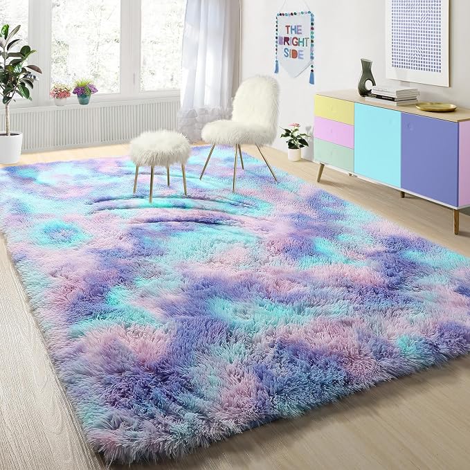 Furry Pastel Rug for Girls Bedroom, Soft Adorable Rainbow Purple Tent Rugs | by PAGISOFE