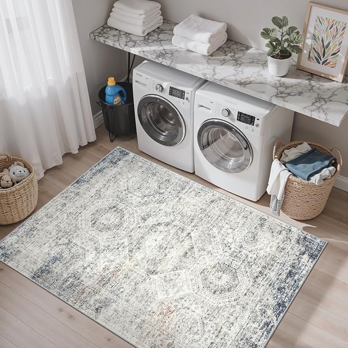 Soalmost 3x5 Rugs, Small Washable Kitchen Entryway Area Rug Blue/Ivory | - Image 4