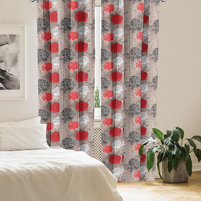 Ambesonne Floral Curtains, Blossoming Peonies Vintage Botanical Composition Abstract Petals and Buds, Window Treatments 2 Panel Set for Living Room Bedroom, Pair of - 28" x 95", Red Grey