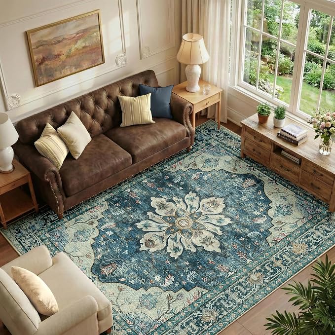 RELEANY Washable Area Rug, Water Repellent, Pet Friendly, Vintage Floral Boho by RELEANY
