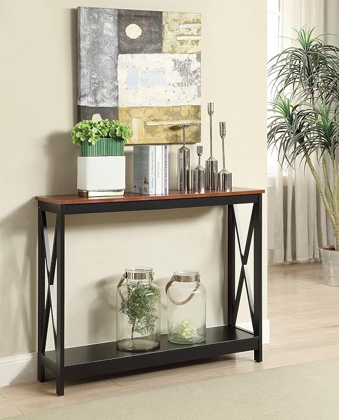 Convenience Concepts Oxford Console Table 39.5" - Farmhouse, Modern Narrow Sofa Display Accent with Storage Shelf for Transitional, Coastal Living Room, Entryway, or Hallway, Black/Cherry