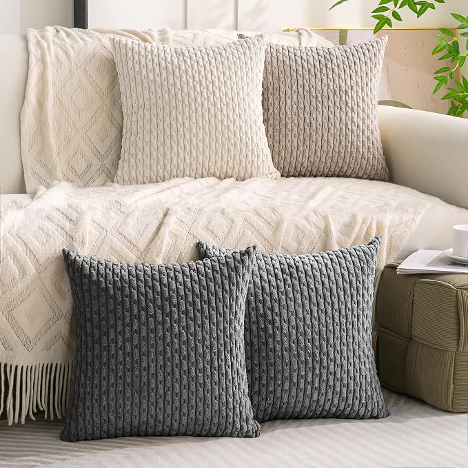 Set of 4 Grey White Taupe Decorative Throw Pillow Covers 18x18 Inch Corduroy - Image 2
