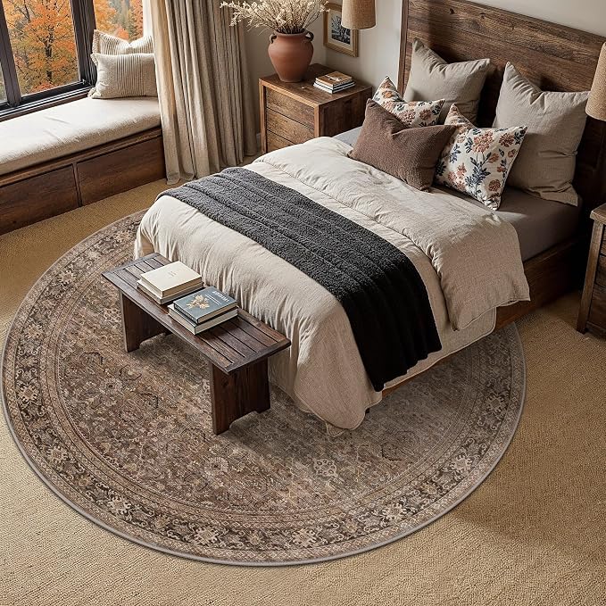 Schweek 8ft Round Rug Vintage Brown Neutral Washable Non-Slip Circle Rugs | - Image 8
