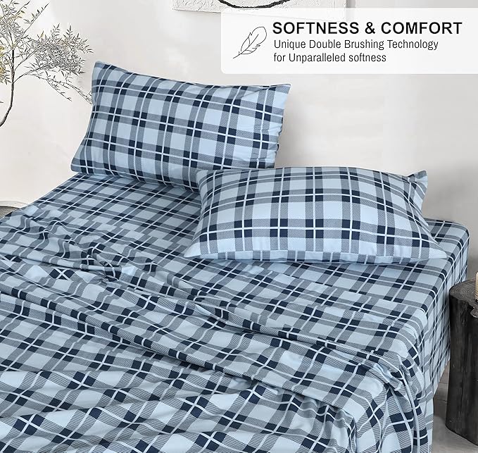 RUVANTI Flannel Sheets Full Size - 100% Cotton Double Brushed Bed Sheets Set, Deep Pockets 16 Inches, All Seasons Breathable & Extra Soft Full Sheets, Warm & Cozy, 4 Piece, Illusion Check