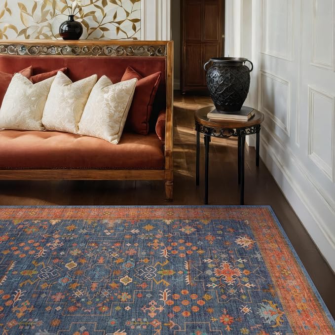 Dark Blue & Terracotta 5x8 Living Room Rug by HazoHaus
