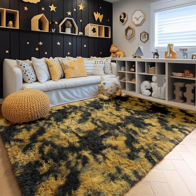 Amdrebio Black Gold Grey Fuzzy Area Rug 4x6 - Image 3