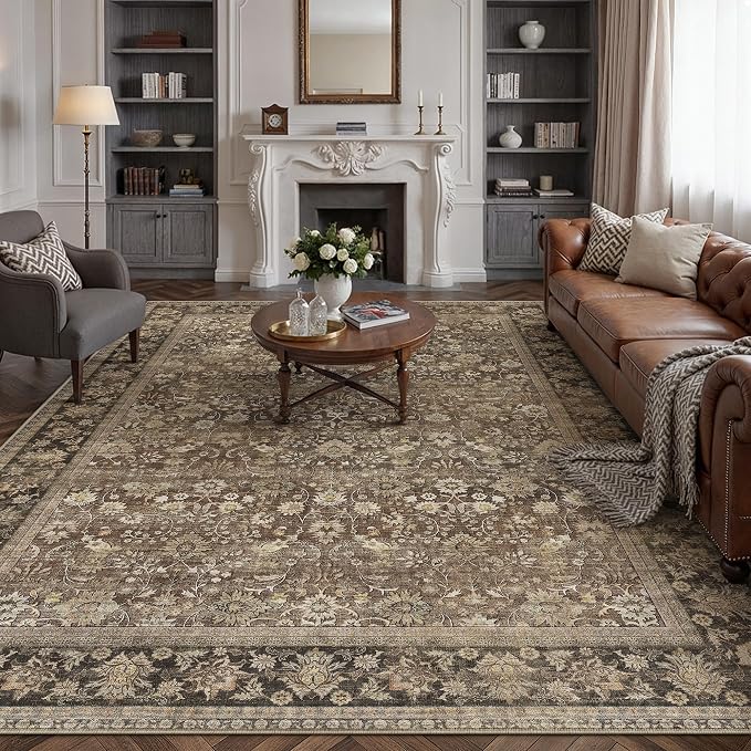 7x9 Brown Vintage Floral Washable Area Rug - Image 3