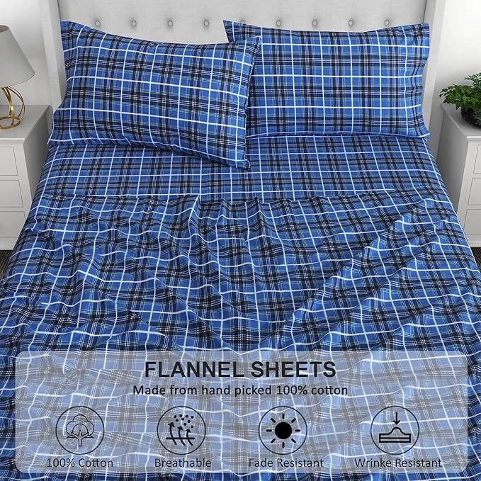 RUVANTI Flannel Sheets Twin XL Size - 100% Cotton Double Brushed Twin XL Sheet Sets, Deep Pockets 16 Inches, All Seasons Breathable & Extra Soft Bed Sheets, Warm & Cozy, 3 Piece, Blue Plaid