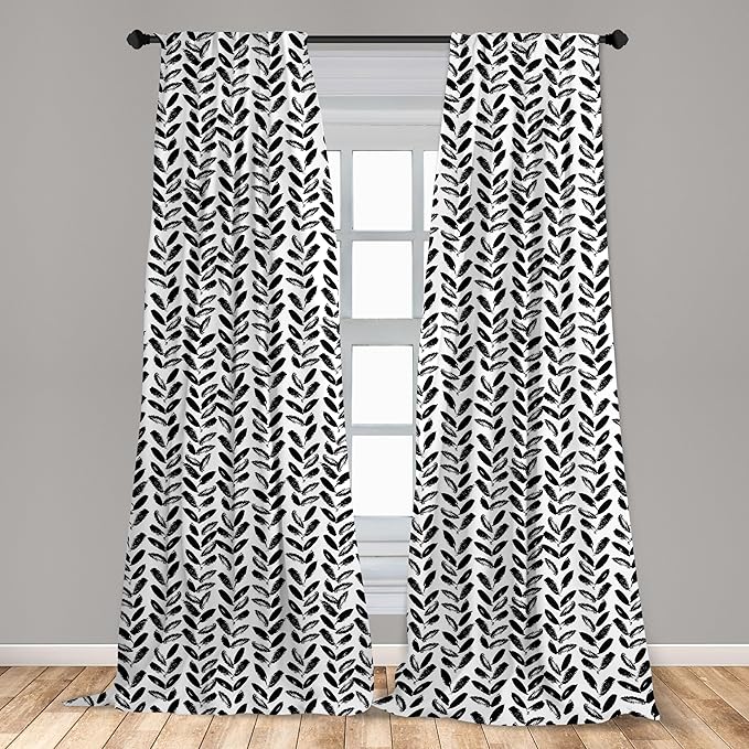 Ambesonne Black and White Window Curtains Pack of 2, Modern Grunge Botany Motif Monochrome Brush Paint Style Strokes, Lightweight Set with Rod Pocket, 4 Panels of - 28" x 95", White and Black
