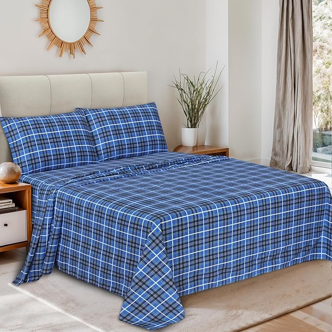 RUVANTI Flannel Sheets Split King Size - 100% Cotton Brushed Split King Bed Sheets Set, Deep Pockets 16 Inches, All Seasons Breathable & Extra Soft, Warm & Cozy, 5 Piece, Blue Plaid