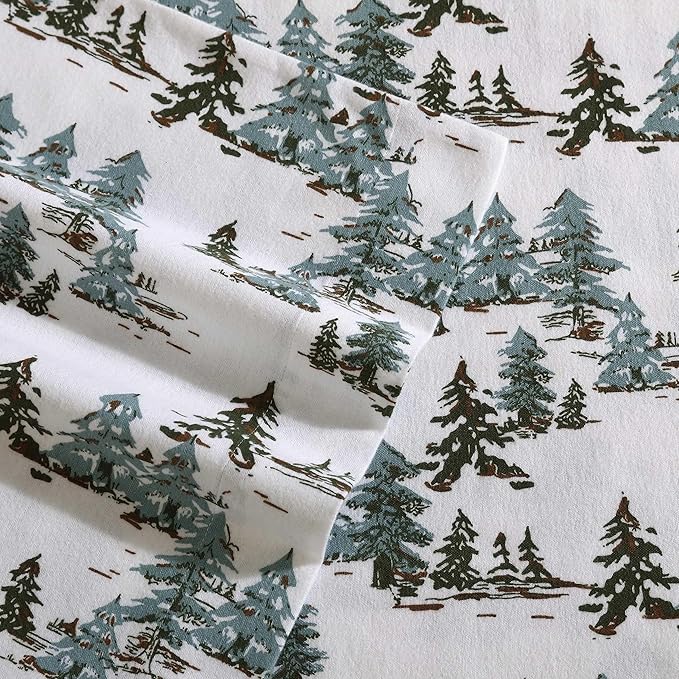Eddie Bauer - Flannel Sheets Twin Size, Anti-Pilling & Wrinkle Resistant Cotton, Touchably Soft for All-Season Comfort - Bed Sheets with Matching Pillowcase & Fitted Sheet (Snowy Pine Trees Green)