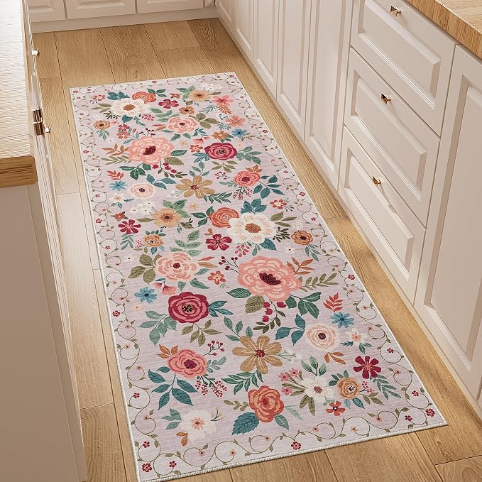 DUKINO 2x5 Runner Rug, Floral Washable Rug by DUKINO