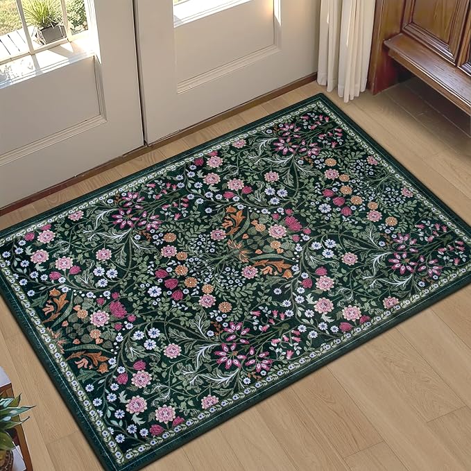 PLHXFR 2x3 Small Entryway Rug: Floral Washable Indoor Carpet Dark Green | by PLHXFRSoftAreaRugs