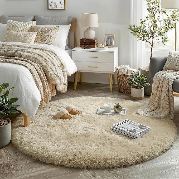 Amdrebio Beige Boho Shag Round Circle Area Rug 6Ft by Amdrebio