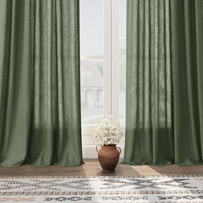 Olive Green Linen Sheer Back Tab Curtains 45 Inch Length Semi Sheer Light - Image 5