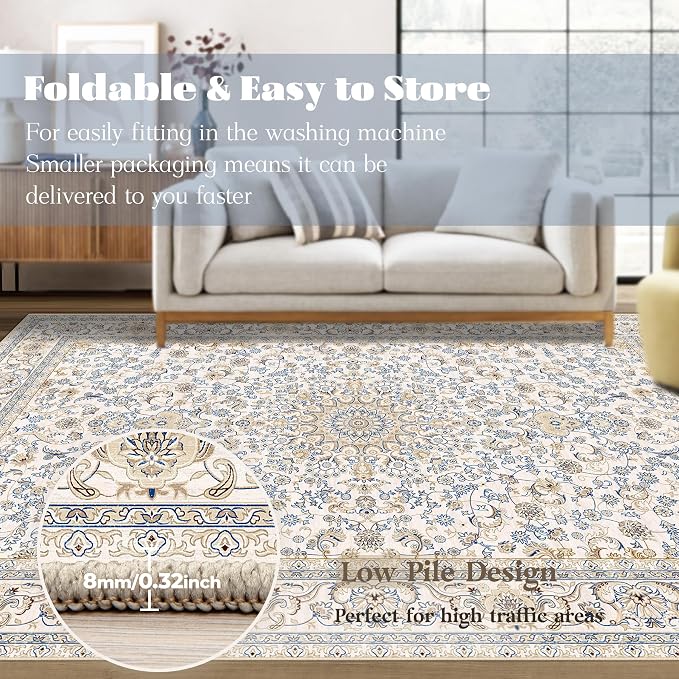 Area Rug 9x12 Washable Rug, Vintage Boho Medallion Rugs Non-Slip Soft Low Pile - Image 7