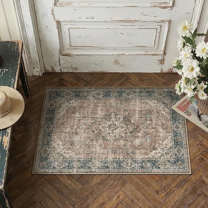 2x3 Blue Brown Retro Floral Washable Area Rug by HUGEAR