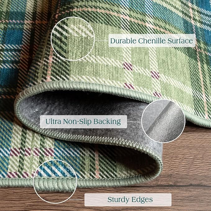 Front Door Mat Outside Entrance, 2x3 Green Teal Tartan Plaid Rug | Non-Slip - Image 3