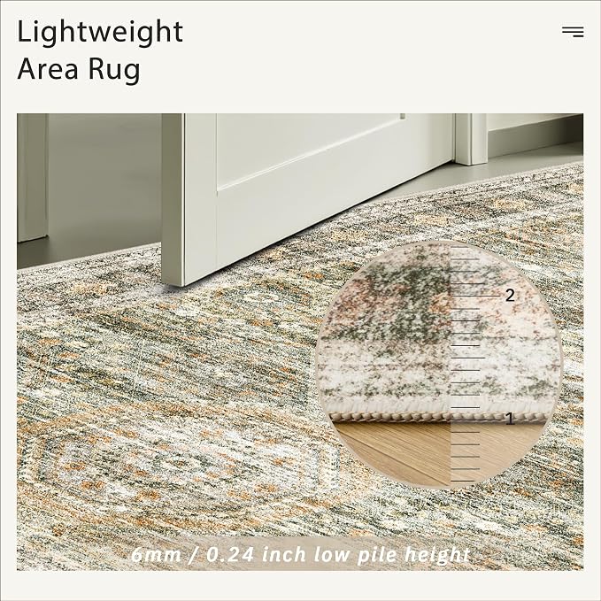 Soalmost 5x7 Area Rug Green/Orange Low Pile Washable Trendy Faded Style Rug | - Image 7