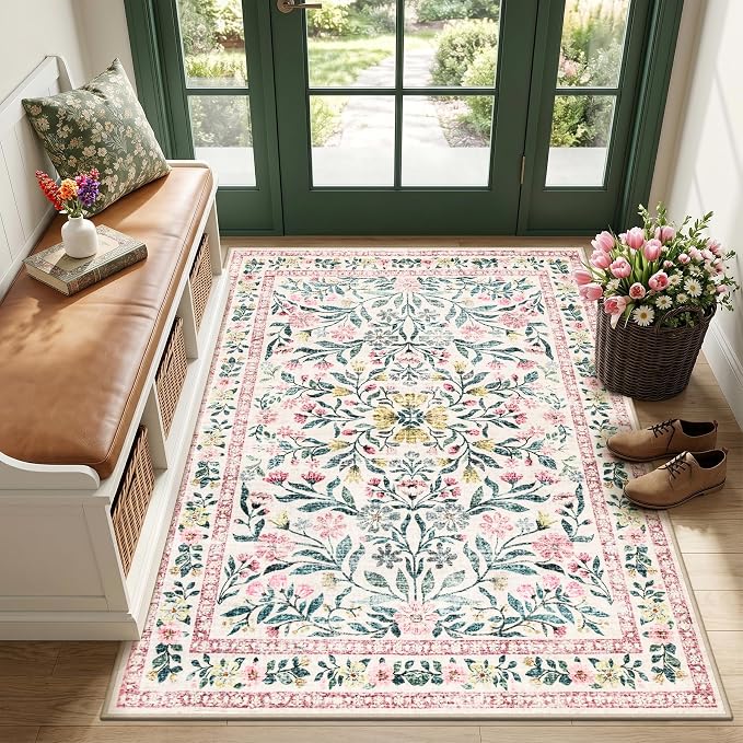PLHXFR Area Rug Living Room: 3x5 Floral Washable Boho Carpet Pink Green | by PLHXFRSoftAreaRugs