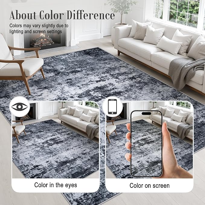 Round Area Rug Living Room: 4 ft Modern Washable Carpet Black | - Image 6
