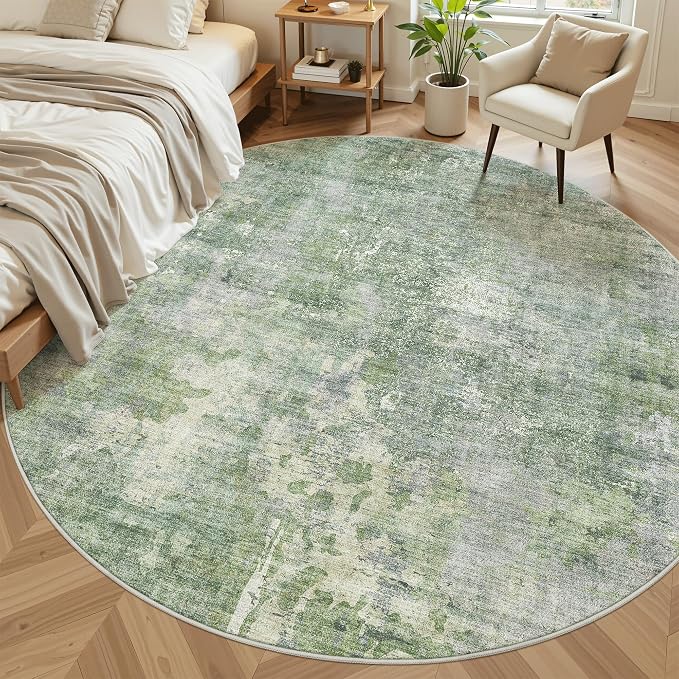 Soalmost Round Rugs 9ft Living Room Circle Area Rug 9x9 Green/Ivory Vintage | - Image 3