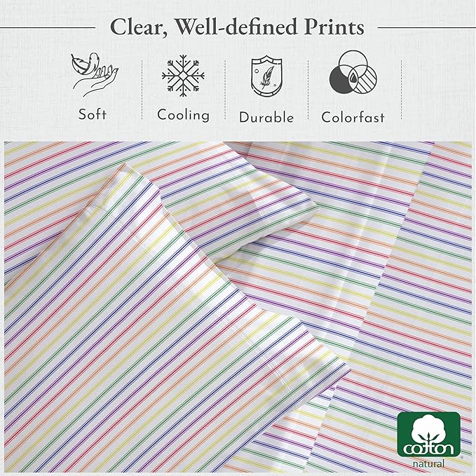 California Design Den Printed Twin XL Sheet Sets - 400 Thread Count Sateen, Natural 100% Cotton Sheets, Deep Pockets, Cooling and Durable Bedding Set - Rainbow Striped