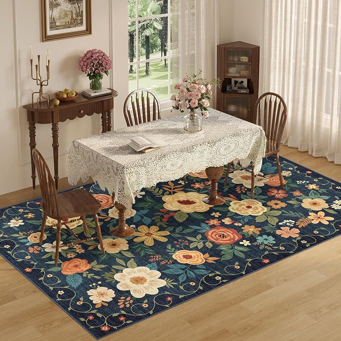 DUKINO 5x8 Area Rug for Bedroom, Floral Washable Rug Non Slip, Non-Shedding - Image 5