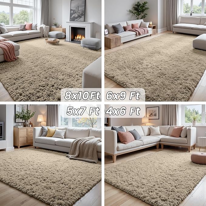 8x10 Fluffy Shag Area Rugs for Living Room Bedroom: Soft Carpet Gray Camel | - Image 7