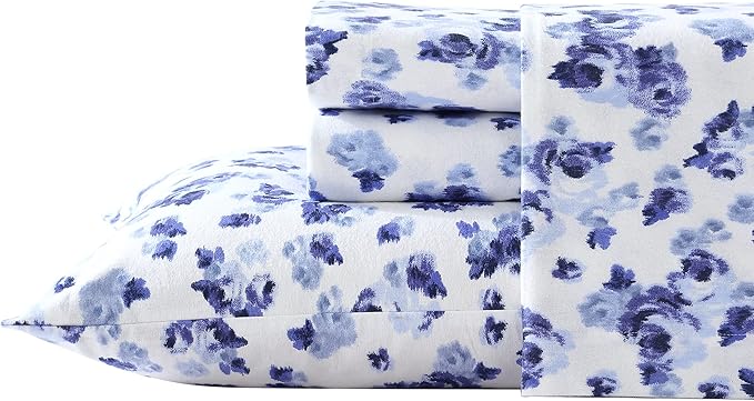 Laura Ashley - Flannel Sheets Queen Size, Anti-Pilling & Wrinkle Resistant Cotton, Touchably Soft for All-Season Comfort - Bed Sheets with Matching Pillowcases & Fitted Sheet (Emelisa Blue)